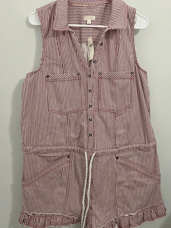 Pilcro by Anthropologie Sleeveless Denim Drawstring Romper in a railroad stripe - Picture 2 of 6